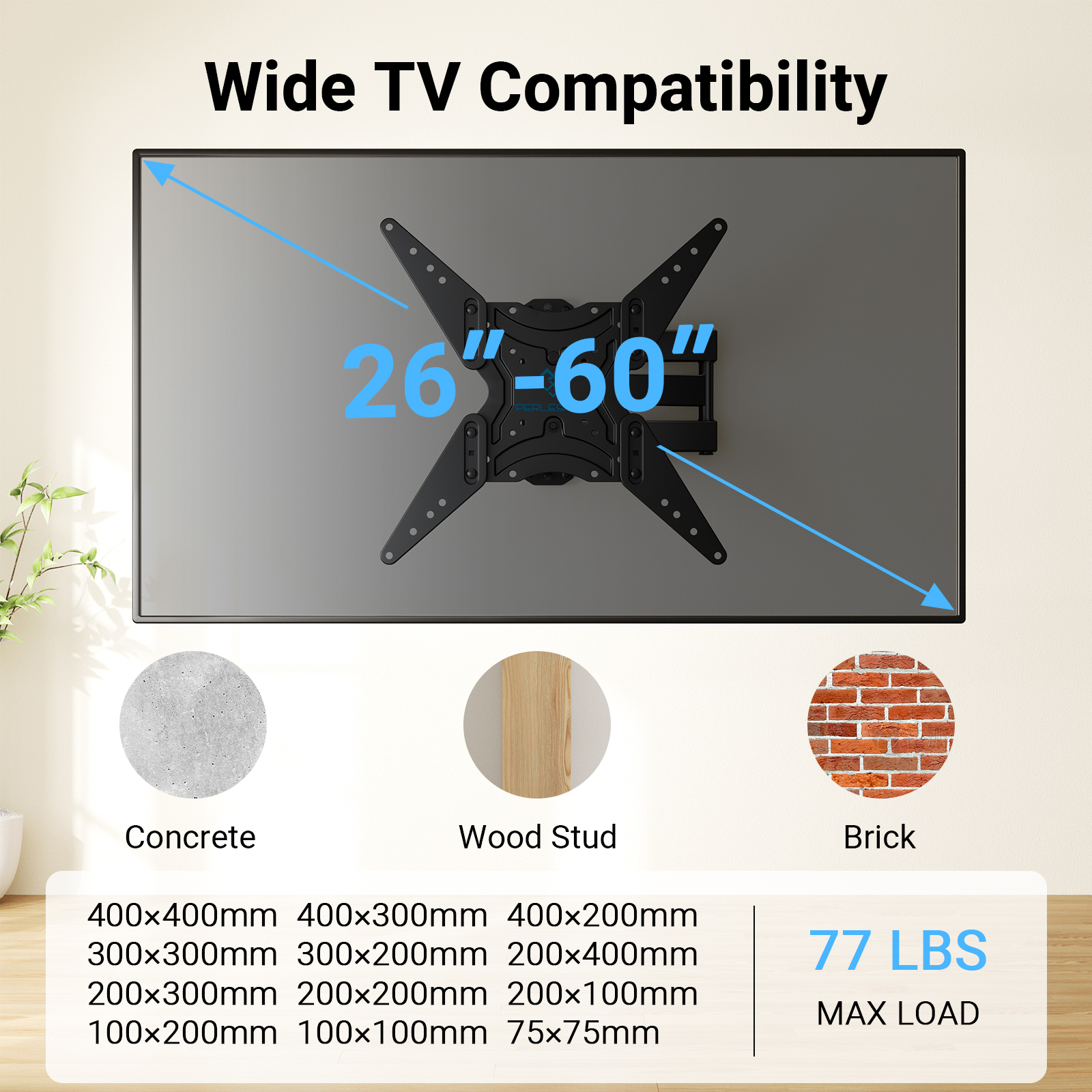 Perlesmith Full Motion TV Wall Mount Bracket for 26 to 60 inch TVs, Max VESA 400x400mm, Holds up ...